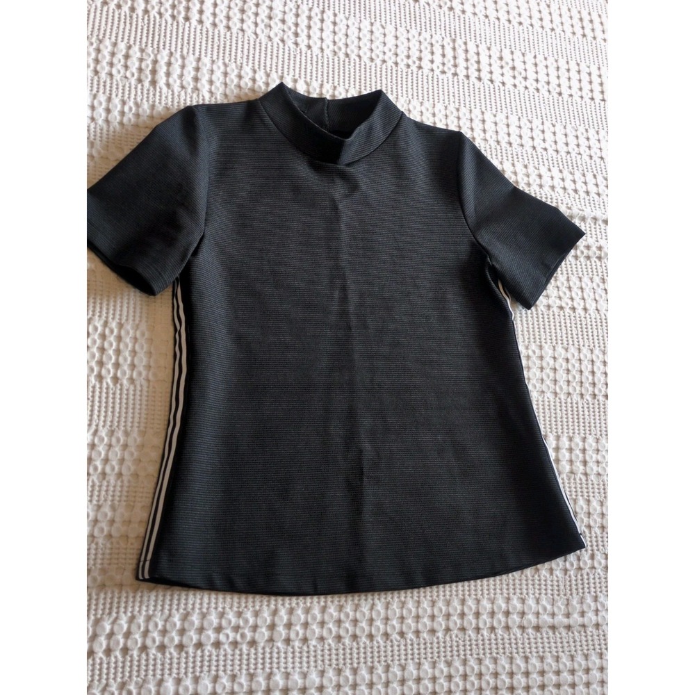 Ruti Top Scuba Short Sleeve Mock Neck Side Stripes Checks Black White Size 2 Med